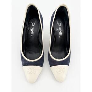 Chanel Chain Heel CC Denim Cap Toe Black Ivory Navy Pumps Block Heel 39 Box